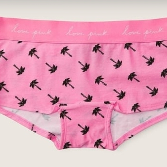 NWT VICTORIA'S SECRET PINK BLACK PALM TREE LOGO THICK WAISTBAND BOYSHORT PANTIES - Picture 1 of 3